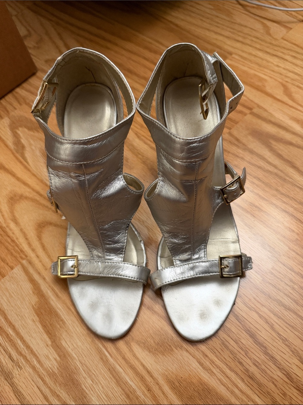 Metallic Silver Ankle-Strap High Heel Sandals